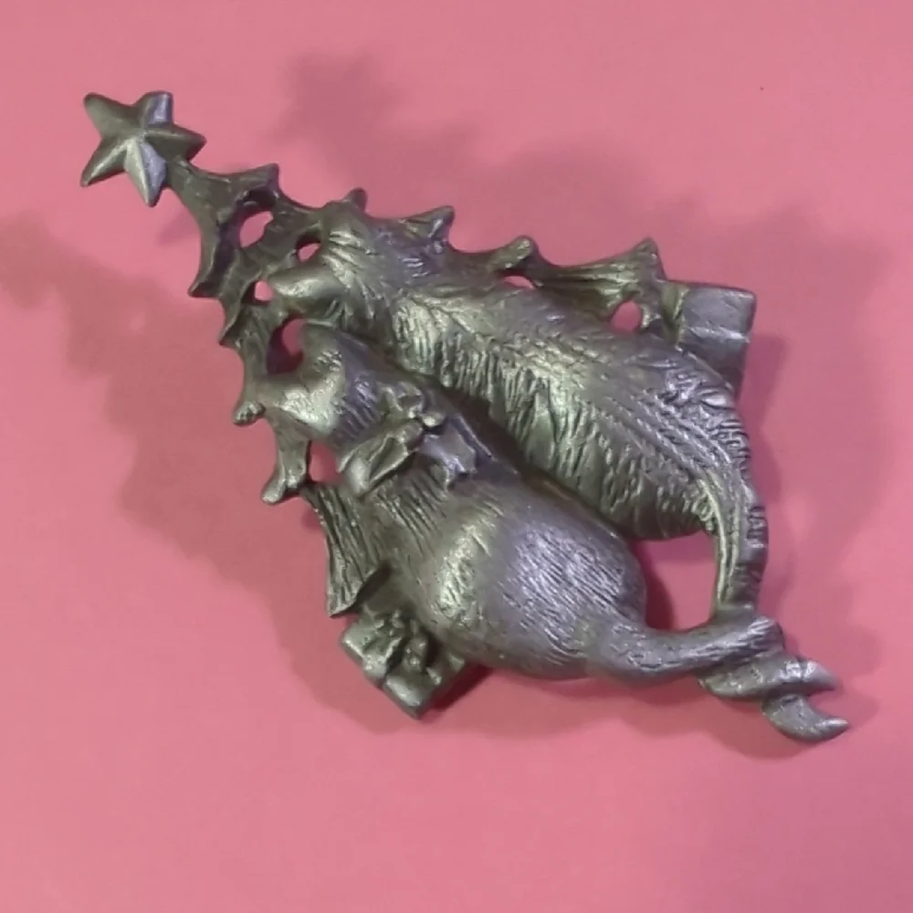 Silver Cat and Christmas Tree Brooch